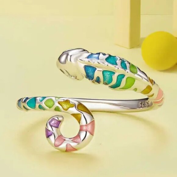 925 Sterling Silver Chameleon Lizard Cuff Ring Metallic Enamel Adjustable NWT - Picture 2 of 5